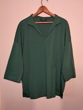 Lafayette 148 New York Deep Green Split-Neck Tunic Shirt